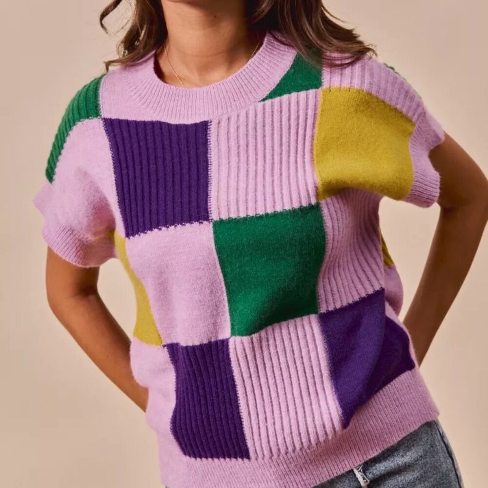 SO ME Mardi Gras Check Plaid Casual Sweater Top